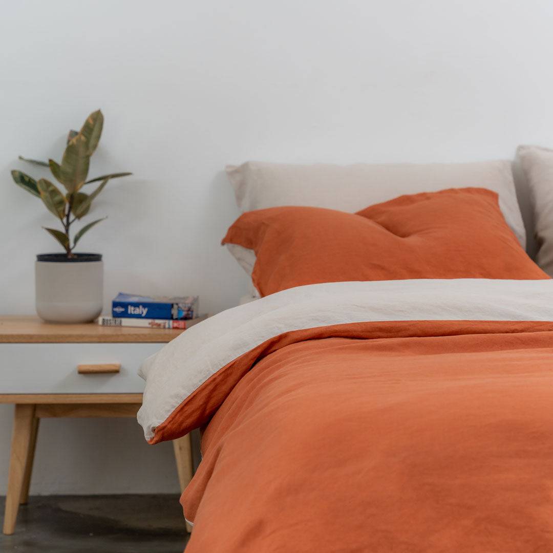 Orange / Taupe colouned 100% French flax linen duvet cover Linen duvet cover- Kapas Living Malaysia