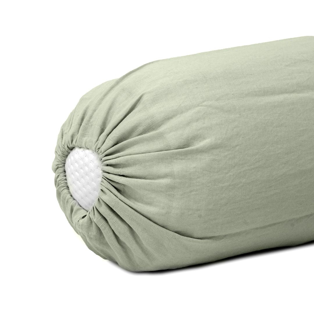 100% French flax linen bolstercase in oatmeal stripe.