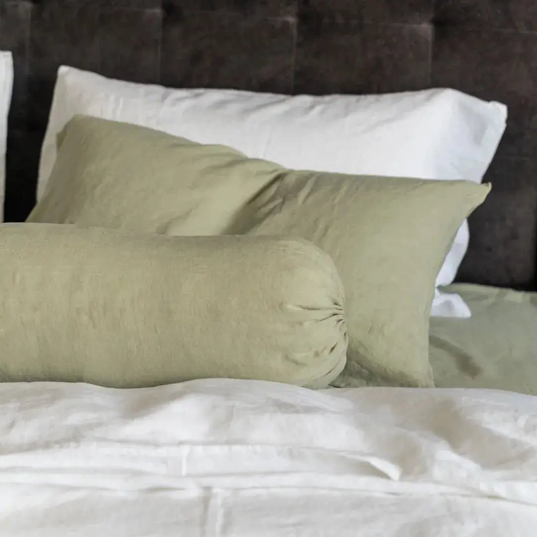 100% French flax linen bolstercase in mist color.