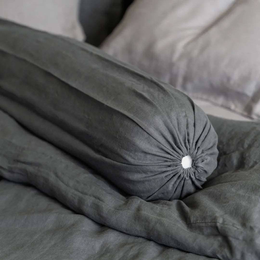 100% French flax linen bolstercase in sage green.
