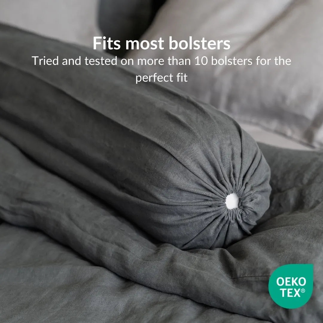 100% French flax linen bolstercase in sage green.