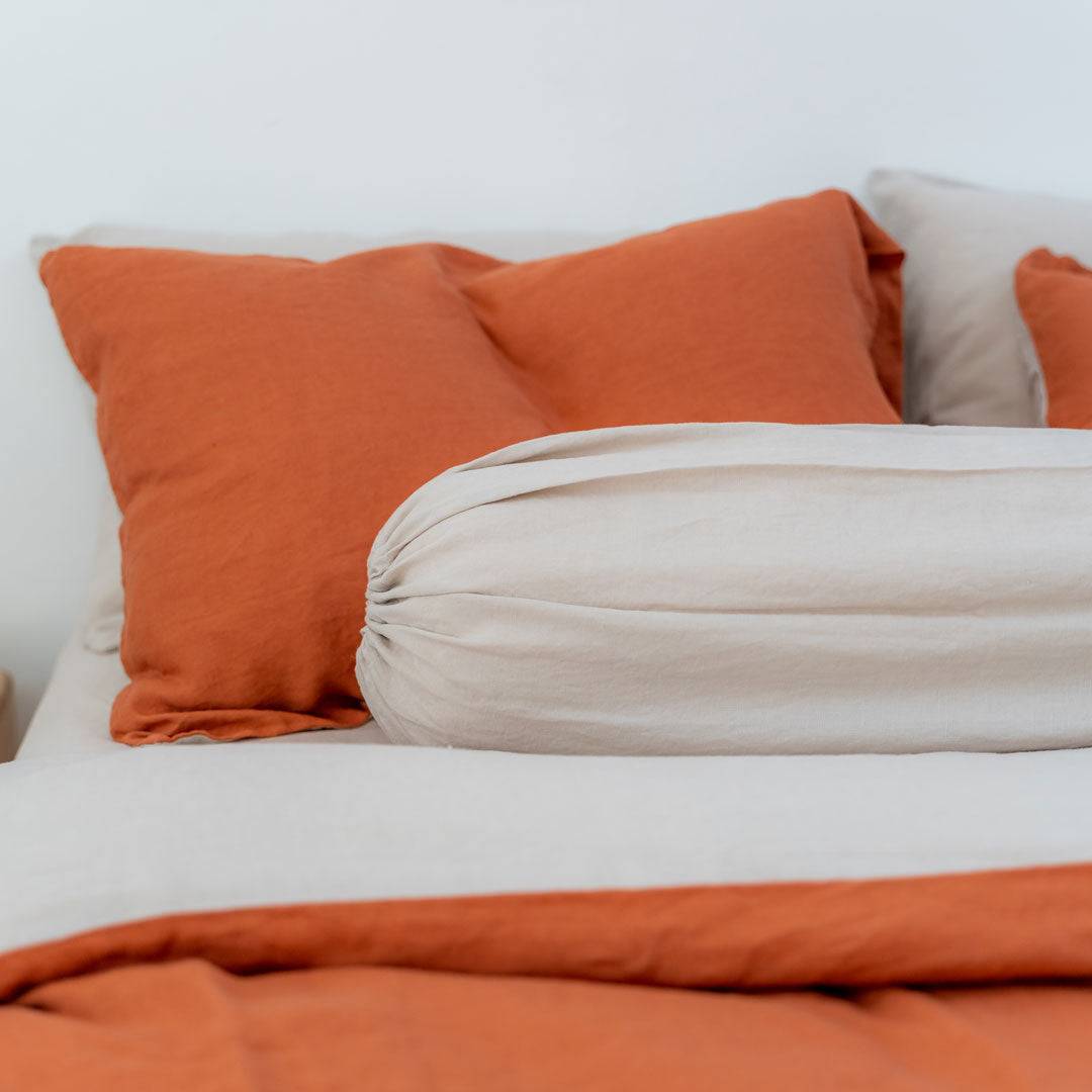 100% French flax linen bolstercase in taupe color.