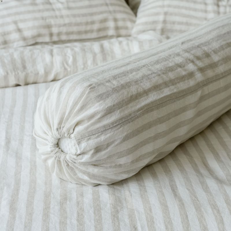 100% French flax linen bolstercase in oatmeal stripe.