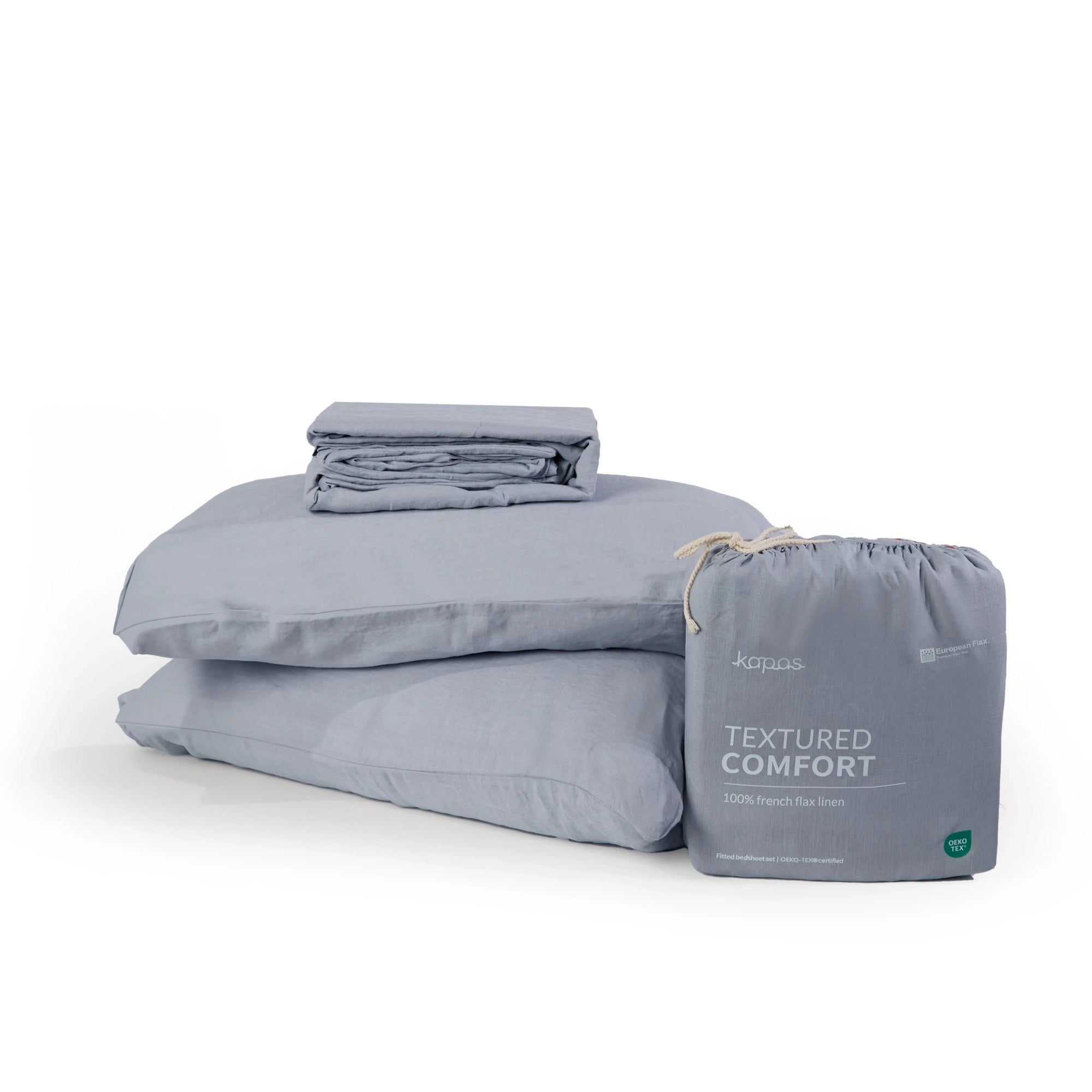 100% French flax linen fitted bedsheet set, elegant presentation.