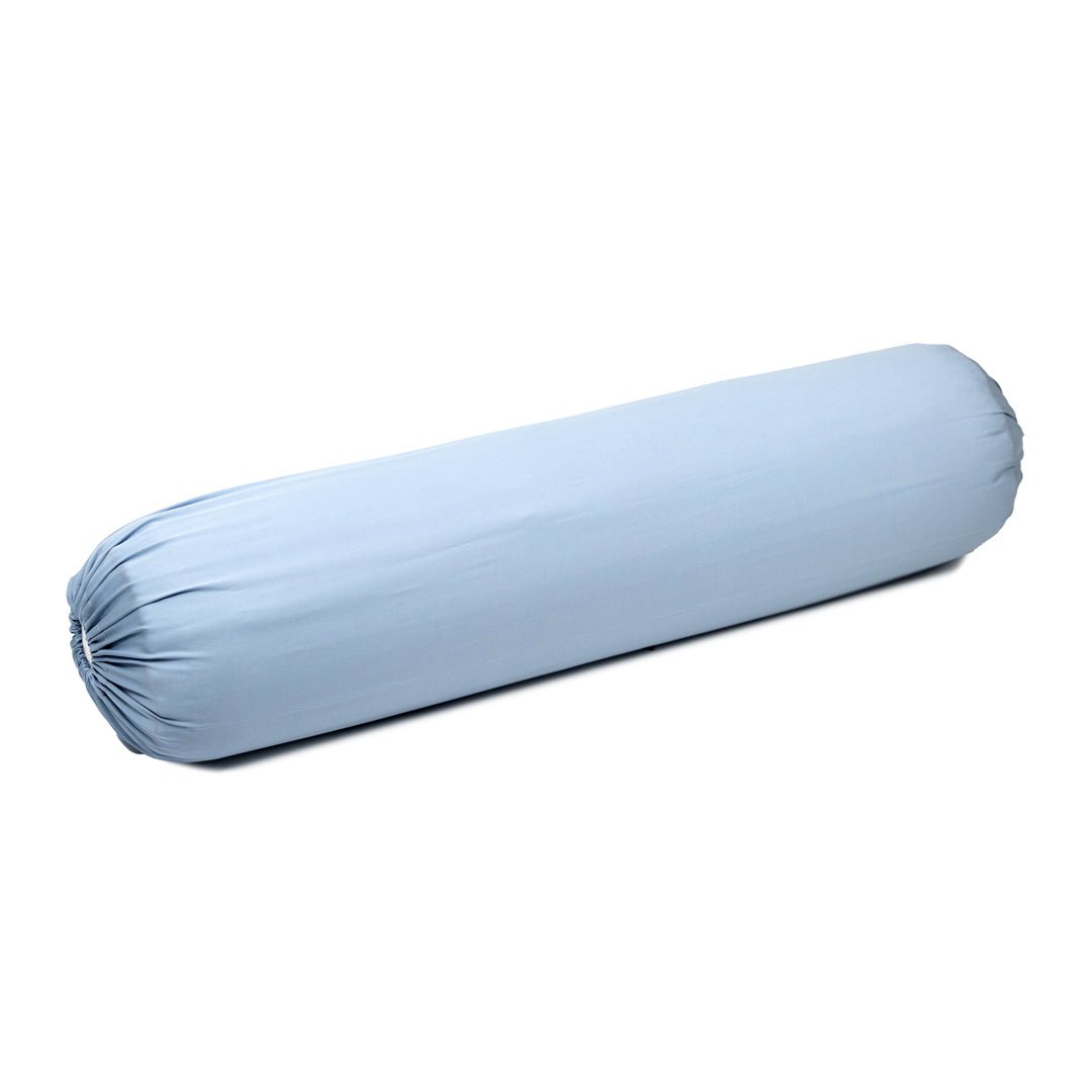 Extra-long staple cotton bolstercase in Misty Blue color.