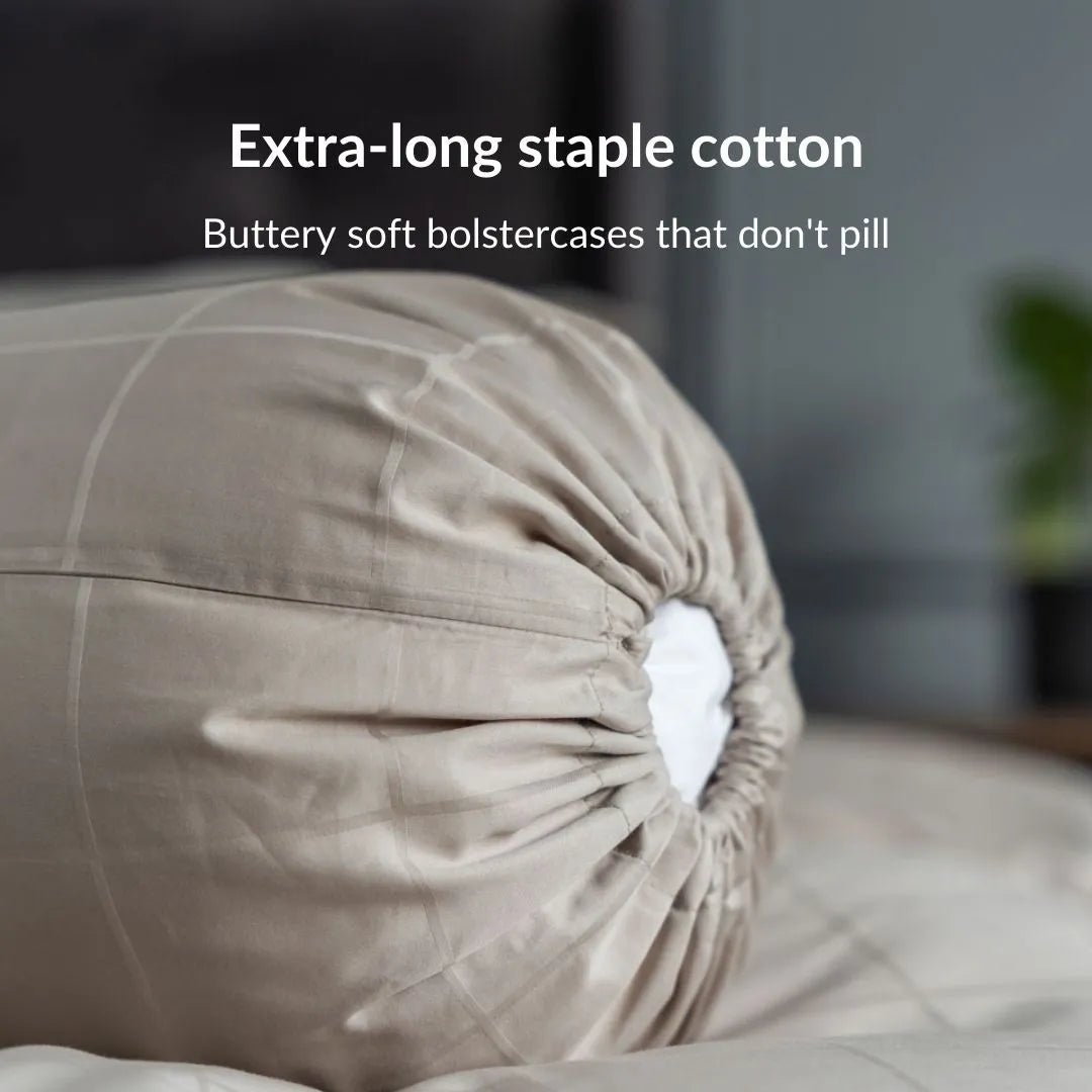 Extra-long staple cotton bolstercase in Whisper Grey color.