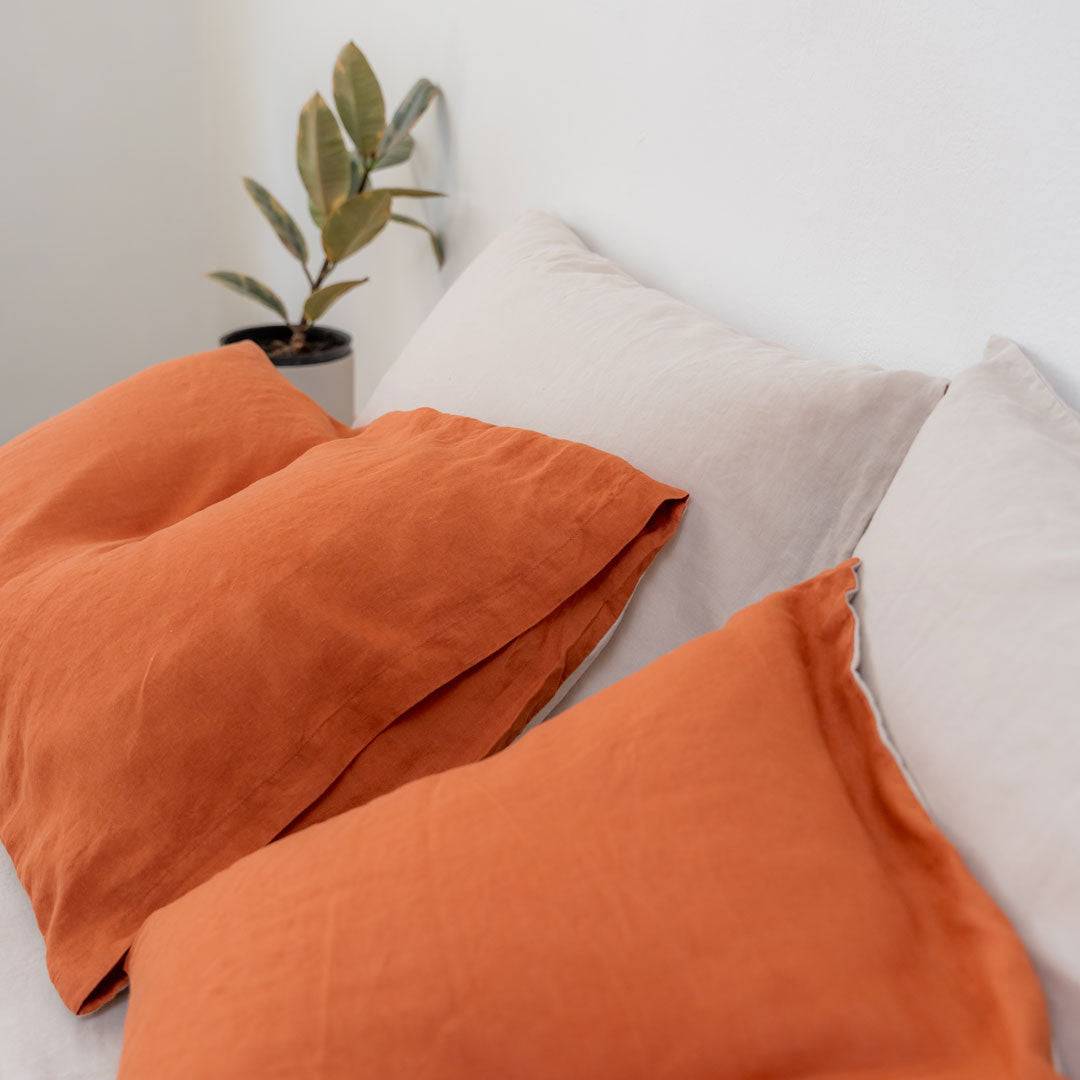 100% French flax linen duvet cover set- Burnt orange/Taupe