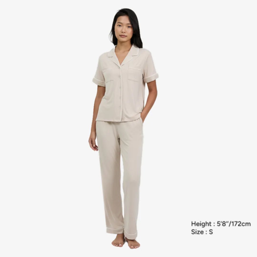 Breathable Modal Pyjamas Set - Soft and Cooling PJs Short Sleeves + Long Pants Oyster