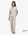 Breathable Modal Pyjamas Set - Soft and Cooling PJs Short Sleeves + Long Pants Oyster