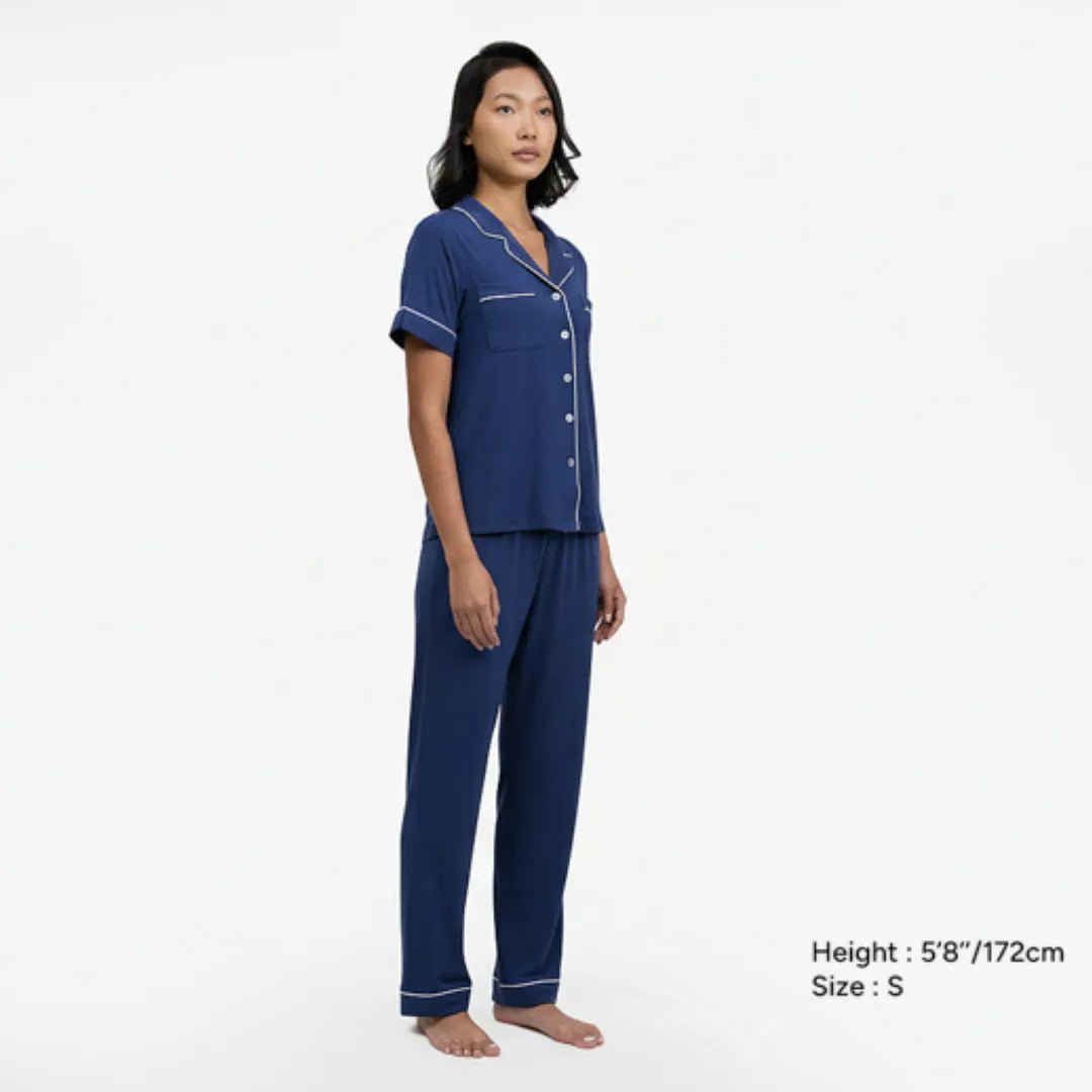 Breathable Modal Pyjamas Set - Soft and Cooling PJs Short Sleeves + Long Pants French Navy