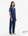 Breathable Modal Pyjamas Set - Soft and Cooling PJs Short Sleeves + Long Pants French Navy