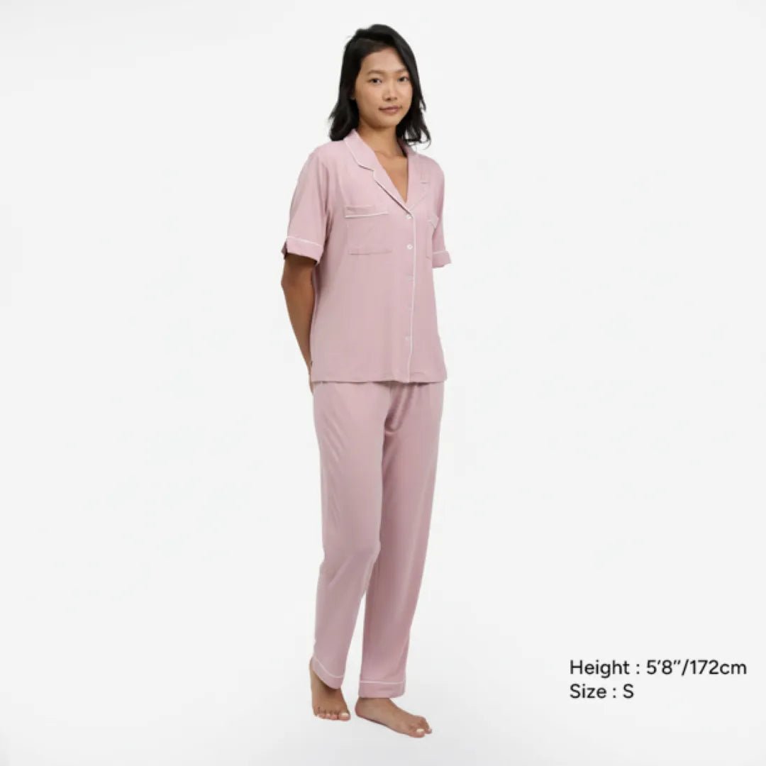 Breathable Modal Pyjamas Set - Soft and Cooling PJs Short Sleeves + Long Pants Mauve